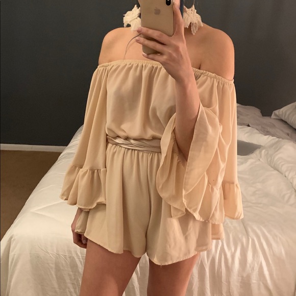 Lucy in the Sky Other - Flowy Off the Shoulder Cream Romper